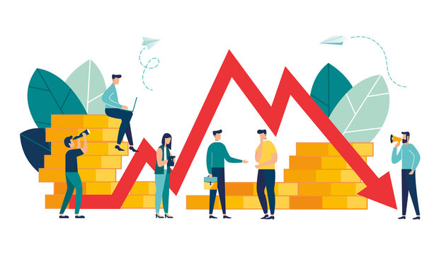 down arrow price drop people. Vector illustration, economic downturn, profit and loss, business and finance, crisis