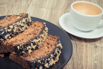 Fresh baked pastry made of zucchini and cup of coffee. Delicious dessert
