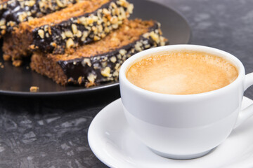 Fresh baked pastry made of zucchini and cup of coffee. Delicious dessert