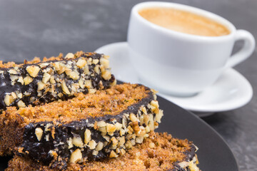 Fresh baked pastry made of zucchini and cup of coffee. Delicious dessert