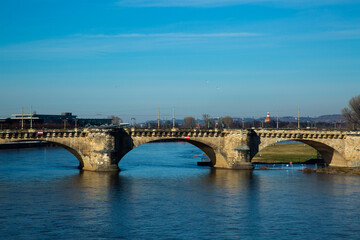 Fototapeta na wymiar Augustus Bridge in Dresden, blue sky, tourism, sightseeing