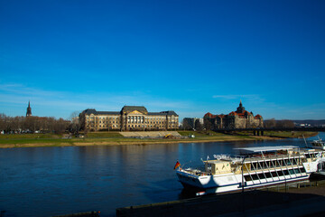 Naklejka premium Augustus Bridge in Dresden, blue sky, tourism, sightseeing
