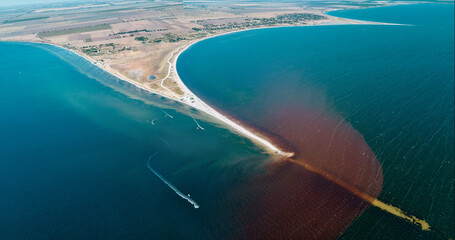 Aerial top view sand beach between water, sand bar at Mykolaiv region, Ukraine.