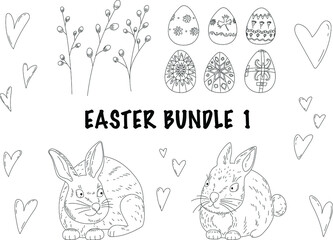 Happy Easter vector bundle of hand-drawn graphic elements in line art style with eggs, branches, pair of cute rabbits and hearts.