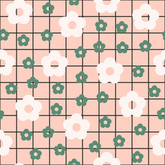 Abstract seamless pattern with white and green vintage groovy daisy flowers on checkered background. Retro vector background in style 60s, 70s	