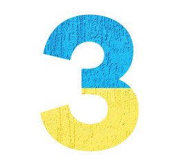 Number 3 in the colors of the Ukrainian flag. The font is isolated on a white background. This alphabet is ideal for inscriptions related to Ukraine, Russia and the political situation..