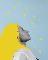 Being yourself. Contemporary art collage of a young attractive girl with yellow hair on a blue background. The concept of beauty, art, freedom, positivity. Copy space for ads