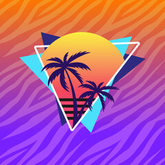 Vector Illustration for T-shirt with Palms and Sunset. 80's and 90's Apparel. Glam Rock style. Retro print for clothing.