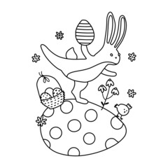 Cute Easter Bunny balancing on Paschal Egg. Black and White Cartoon hand drawn Vector Illustration of for Holiday Coloring Book