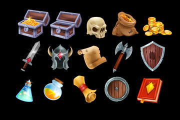 Medieval game interface icon set, gold coin pile, vector magic weapon badge kit, helmet, potion flask. RPG UI fantasy objects, treasure sack, wooden trunk, iron sword warrior shield, skull. Game icons © Oleksandra