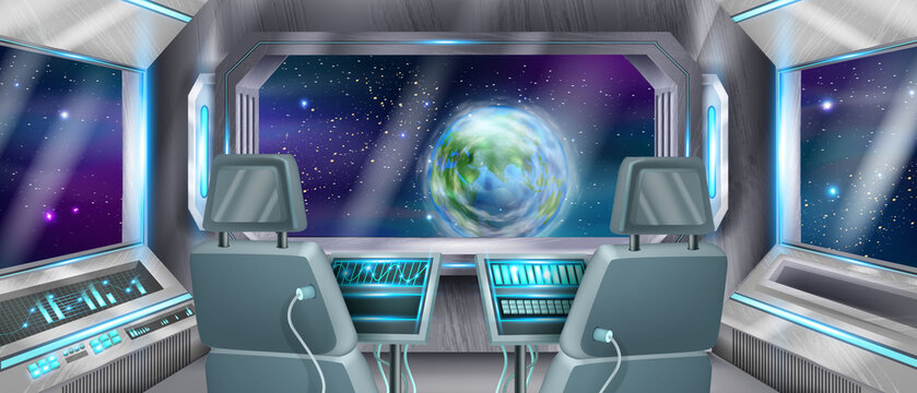Space ship cockpit vector background, rocket interior, computer control panel, astronaut pilot chair. Spacecraft shuttle room, Earth planet window view futuristic cabin, console monitor. Space cockpit