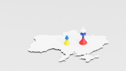 Ukraine and Russia chess pieces pawn and king with flag on Ukraine map 3D render