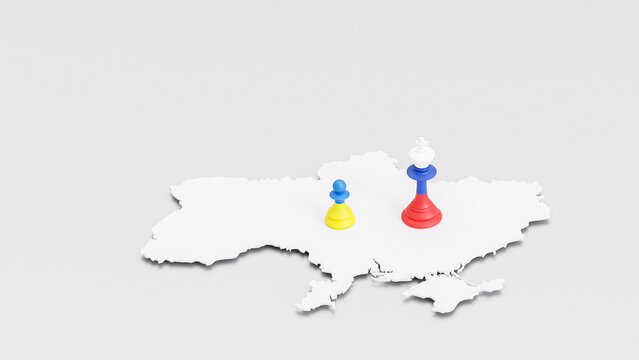 Ukraine And Russia Chess Pieces Pawn And King With Flag On Ukraine Map 3D Render