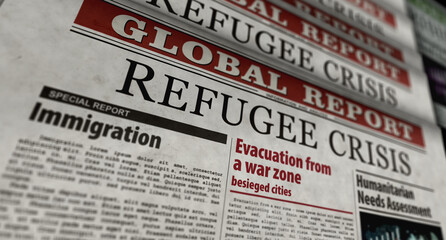 Refugee crisis and humanitarian aid retro newspaper 3d illustration