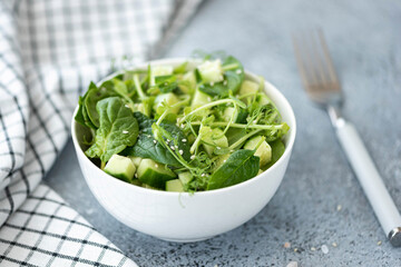 green vegetable salad with cucumber and spinach in a white bowl