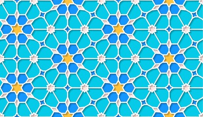 Fototapeta premium Arabic seamless girih pattern with classic islamic culture ornament. Colorful tiled background with shadow.