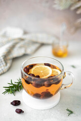 hot herbal tea with rosehip lemon and honey in a large mug