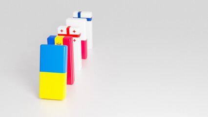 falling dominoes with flags of Ukraine, Moldova, Georgia, Poland and Finland 3D render