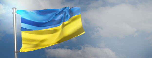 Ukrainian flag waving on blue sky background. 3D render illustration.