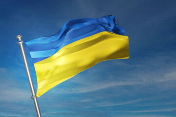 Ukrainian flag waving on blue sky background. 3D render illustration.