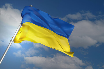 Ukrainian flag waving on blue sky background. 3D render illustration.