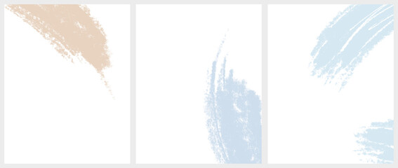 Set of 3 Delicate Abstract Crayon Drawing Style Vector Layouts. Light Beige and Blue Paint Stains on a White Background. Pastel Color Stains and Splatter Print Set.