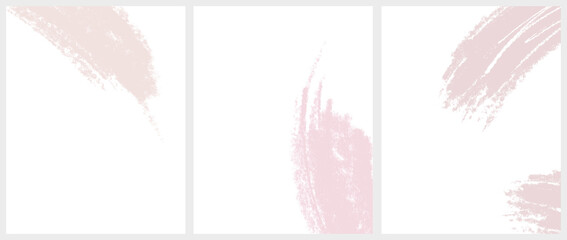 Set of 3 Delicate Abstract Crayon Drawing Style Vector Layouts. Light Pink and Coral Paint Stains on a White Background. Pastel Color Stains and Splatter Print Set.