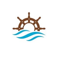 Steering Wheel on The Wave Water Ocean Logo design isolated on white background © sljubisa