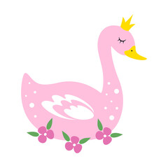 Cute pink swan in a crown with flowers. Baby animals theme for nursery room, posters etc. Baby shower girl. Vector illustration in flat style. 