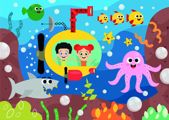 Underwater scene with happy kids in submarine vector image