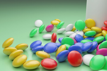 Multicolored tablets of medicines scattered from a white plastic jar. A handful of tablets on a light green background. 3D render.