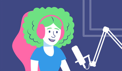 Female character streamer with headphones streaming on a room Vector illustration