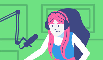 Female character streamer with headphones streaming on a room Vector illustration