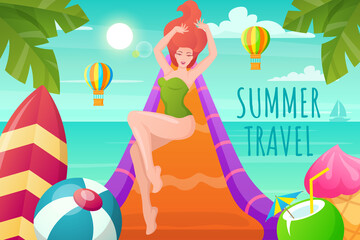 Beautiful woman rides on an inflatable slide on the beach. Young woman relaxing on summer vacation. Vector illustration