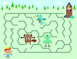 Cute prince maze, vector, illustration, labyrinth, puzzle, arrow, game, puzzle page for kids with theme