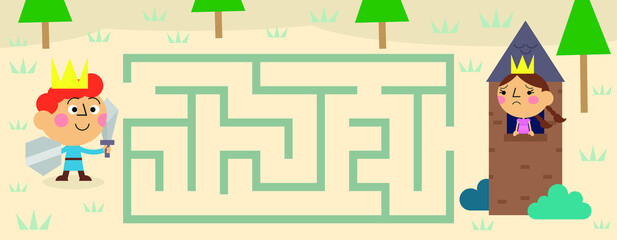 Cute prince maze, vector, illustration, labyrinth, puzzle, arrow, game, puzzle page for kids with theme