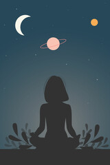 Silhouette of the woman in the yoga pose with, planets and stars. Concept illustration of universe connection and healthy lifestyle.