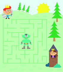 Cute prince maze, vector, illustration, labyrinth, puzzle, arrow, game, puzzle page for kids with theme