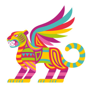 Isolated colored tiger with wings alebrije mexican traditional cartoon Vector illustration