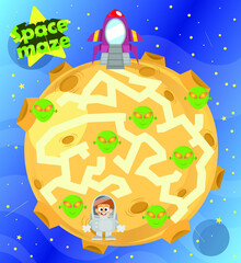 Maze, vector, illustration, labyrinth, puzzle, arrow, game, puzzle page for kids with cute astronaut theme