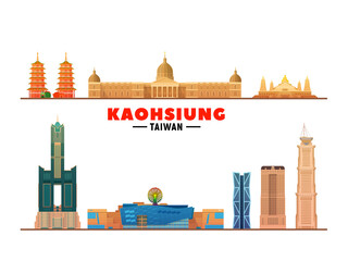 Kaohsiung Taiwan top landmarks at background. Vector Illustration. Business travel and tourism concept with modern buildings. Image for banner or web site.