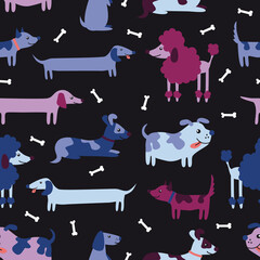 Seamless pattern with cute cartoon multicolored dogs.