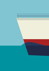 modern poster illustration in flat style. A large ship sails on the calm water of the ocean, sea