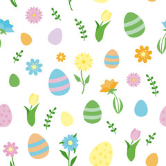 Seamless pattern with spring flowers and easter eggs.