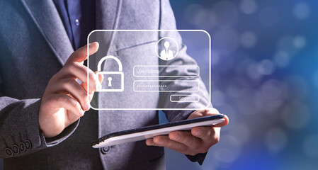 panel for entering login and password. man tapping on the screen