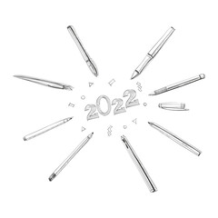 2022 New Year in frame of pens.Hand drawn Vector illustration.