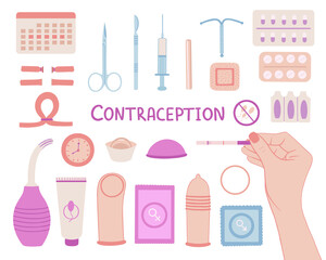 Contraceptives set cartoon vector. Birth control. Natural vaginal ring, condom, iud, implant, injection, diaphragm,patch, vaginal douche, pregnancy test, calendar, sterilization, pills, suppositories.