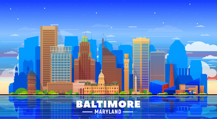 Baltimore Maryland USA skyline with panorama in sky background. Vector Illustration. Business travel and tourism concept with modern buildings. Image for banner or web site. - obrazy, fototapety, plakaty