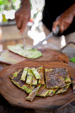 Grilled nopal leaves on plate in countryside