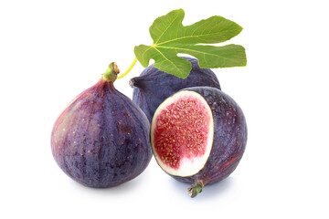 Two figs and half with leaf isolated on white background